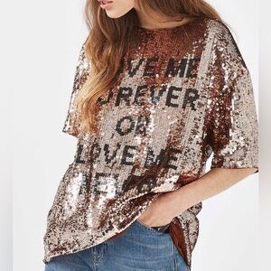 Topshop "Love Me Forever Or Love Me Never" Shimmering Sequin Tee in Rose Gold